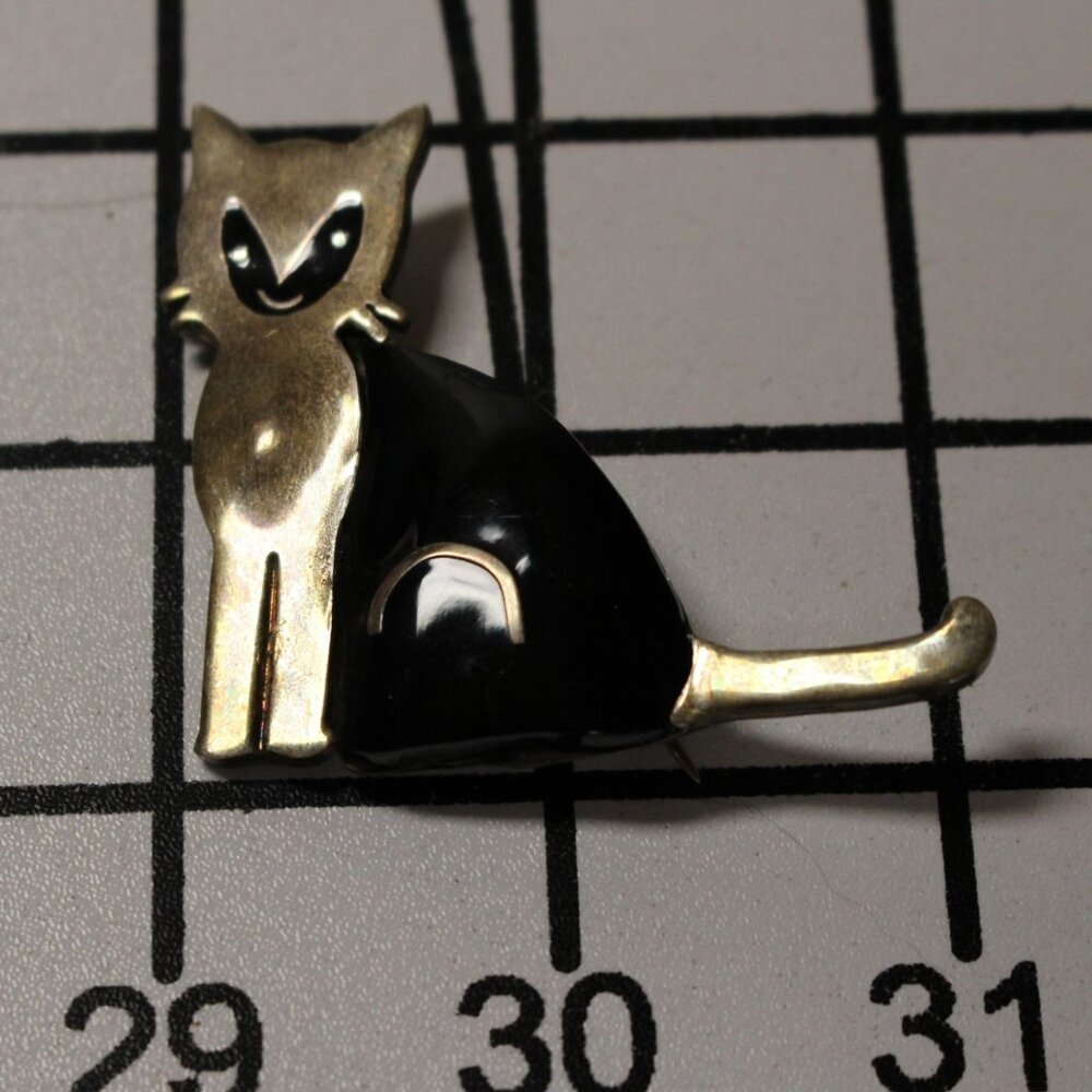 Vintage Sterling Silver & Black Masked Enamel Cat Brooch Pin Signed 925